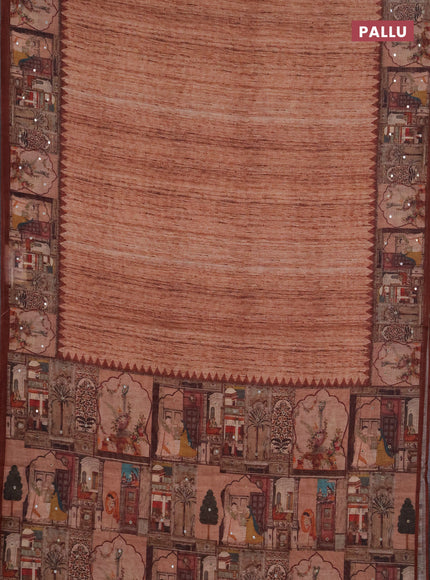 Linen cotton saree rust shade and coffee brown with plain body and printed mirror work border