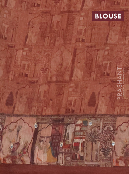 Linen cotton saree rust shade and coffee brown with plain body and printed mirror work border