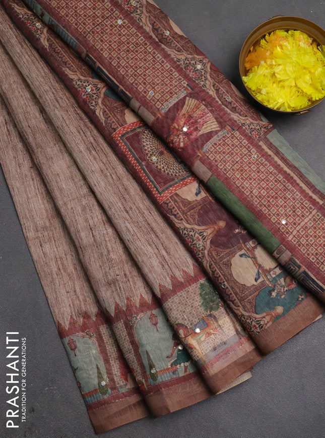 Linen cotton saree pastel brown and brown with plain body and printed mirror work border