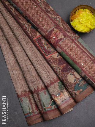 Linen cotton saree pastel brown and brown with plain body and printed mirror work border