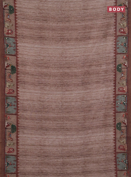 Linen cotton saree pastel brown and brown with plain body and printed mirror work border