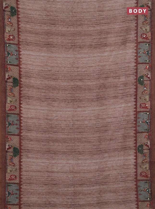 Linen cotton saree pastel brown and brown with plain body and printed mirror work border
