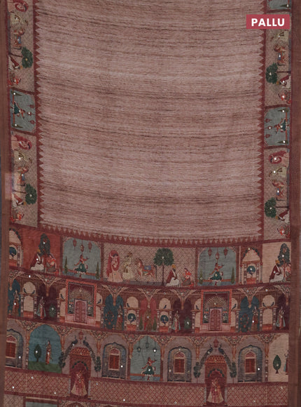 Linen cotton saree pastel brown and brown with plain body and printed mirror work border