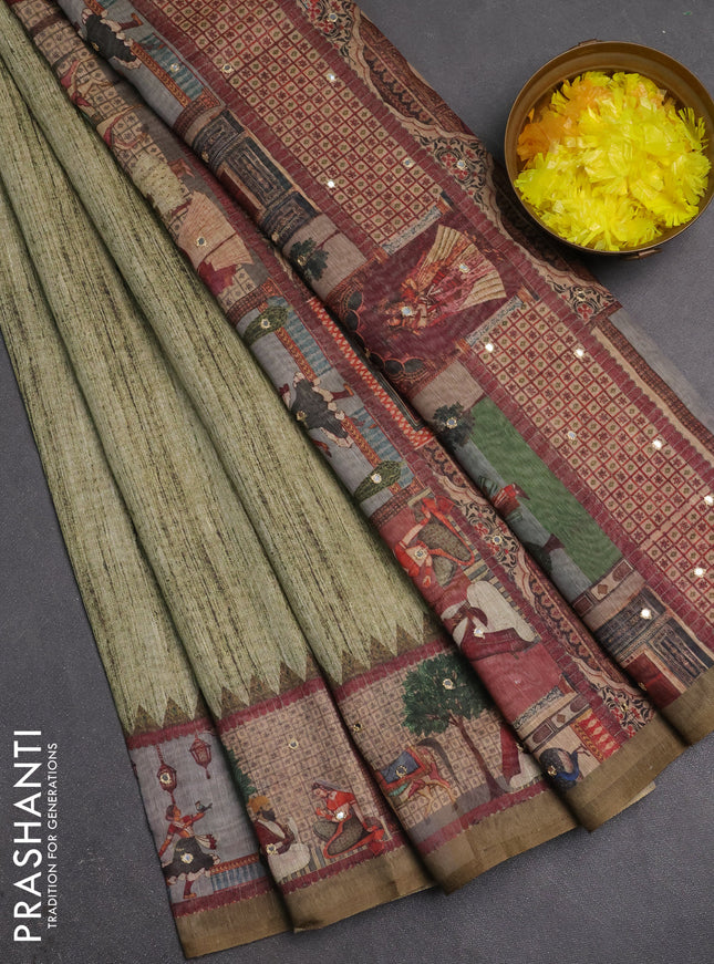 Linen cotton saree pastel green and olive green with plain body and printed mirror work border