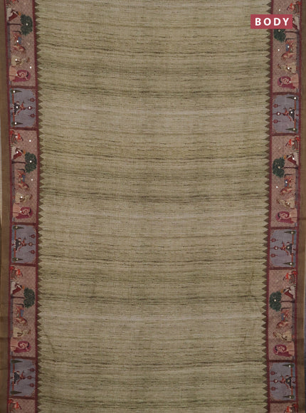 Linen cotton saree pastel green and olive green with plain body and printed mirror work border