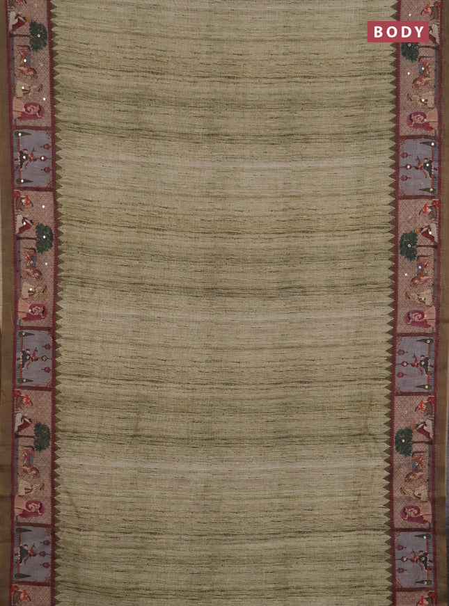 Linen cotton saree pastel green and olive green with plain body and printed mirror work border