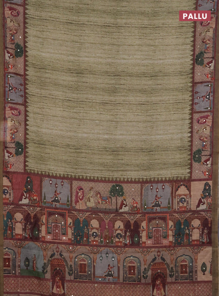 Linen cotton saree pastel green and olive green with plain body and printed mirror work border