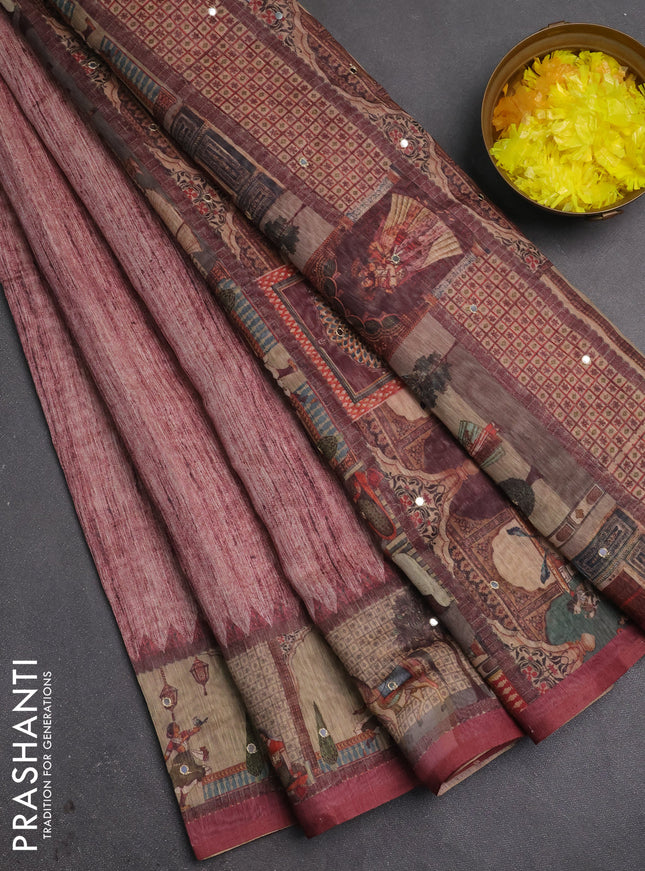Linen cotton saree pastel maroon and wine shade with plain body and printed mirror work border