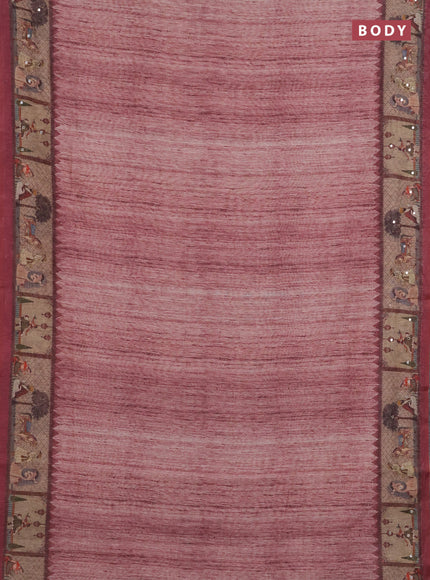 Linen cotton saree pastel maroon and wine shade with plain body and printed mirror work border