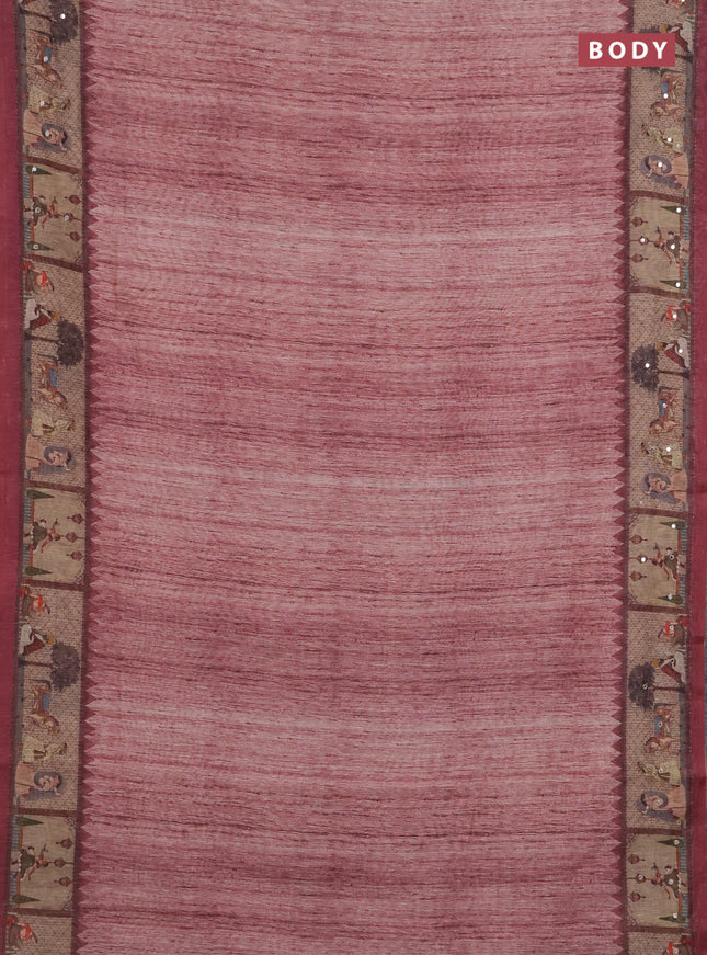 Linen cotton saree pastel maroon and wine shade with plain body and printed mirror work border
