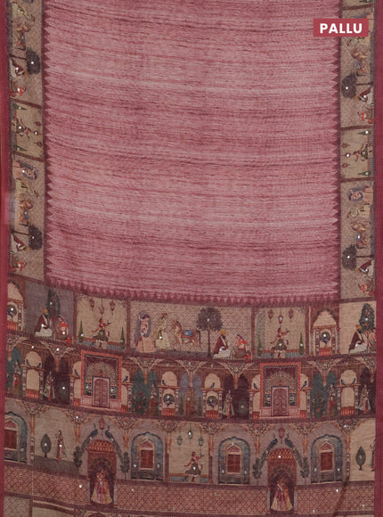 Linen cotton saree pastel maroon and wine shade with plain body and printed mirror work border