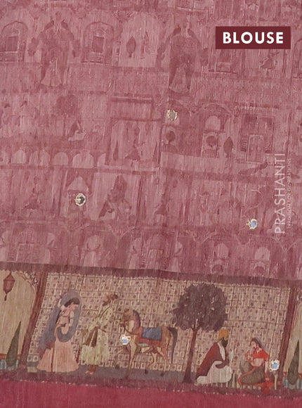 Linen cotton saree pastel maroon and wine shade with plain body and printed mirror work border