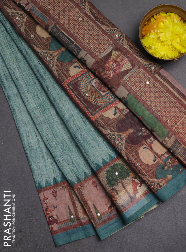 Linen cotton saree teal green with plain body and printed mirror work border