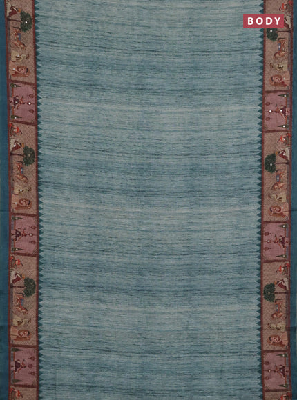 Linen cotton saree teal green with plain body and printed mirror work border