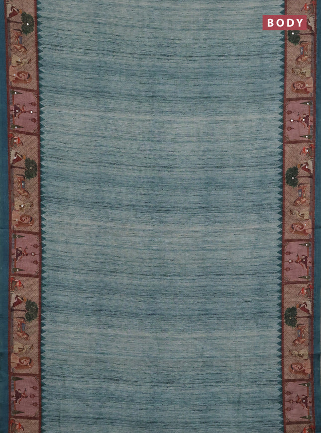 Linen cotton saree teal green with plain body and printed mirror work border