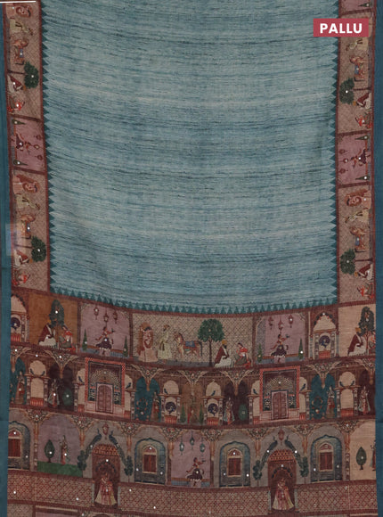 Linen cotton saree teal green with plain body and printed mirror work border