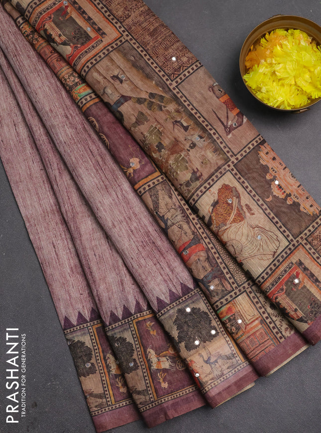 Linen cotton saree pastel maroon and wine shade with plain body and printed mirror work border