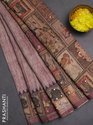 Linen cotton saree pastel maroon and wine shade with plain body and printed mirror work border