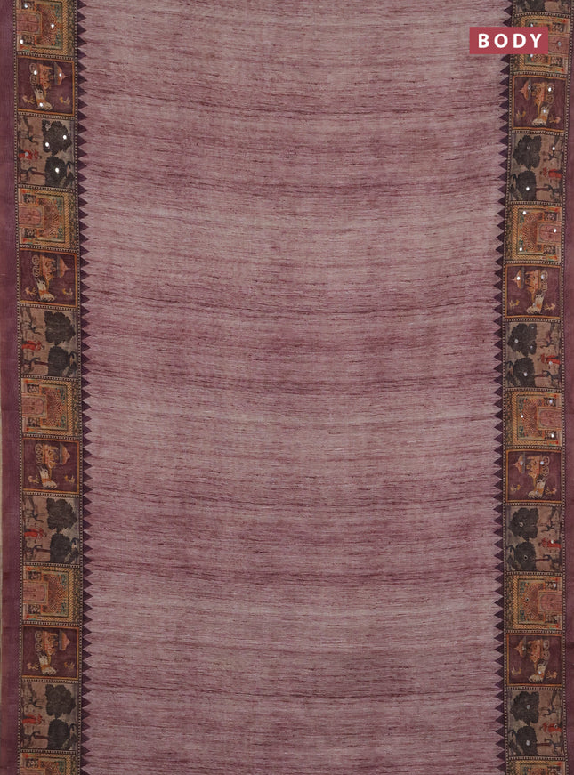 Linen cotton saree pastel maroon and wine shade with plain body and printed mirror work border