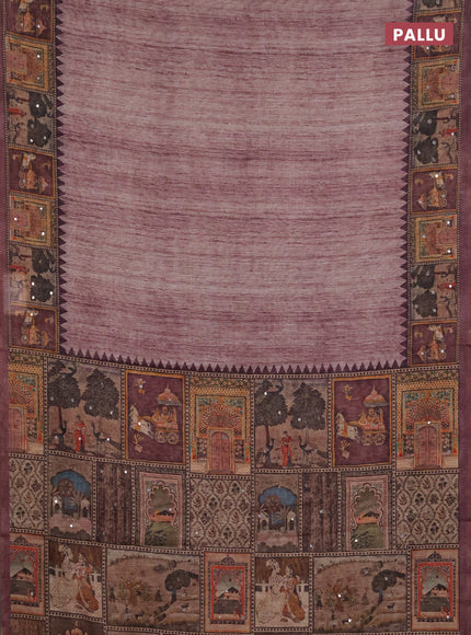 Linen cotton saree pastel maroon and wine shade with plain body and printed mirror work border