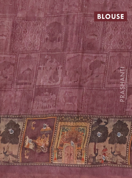 Linen cotton saree pastel maroon and wine shade with plain body and printed mirror work border