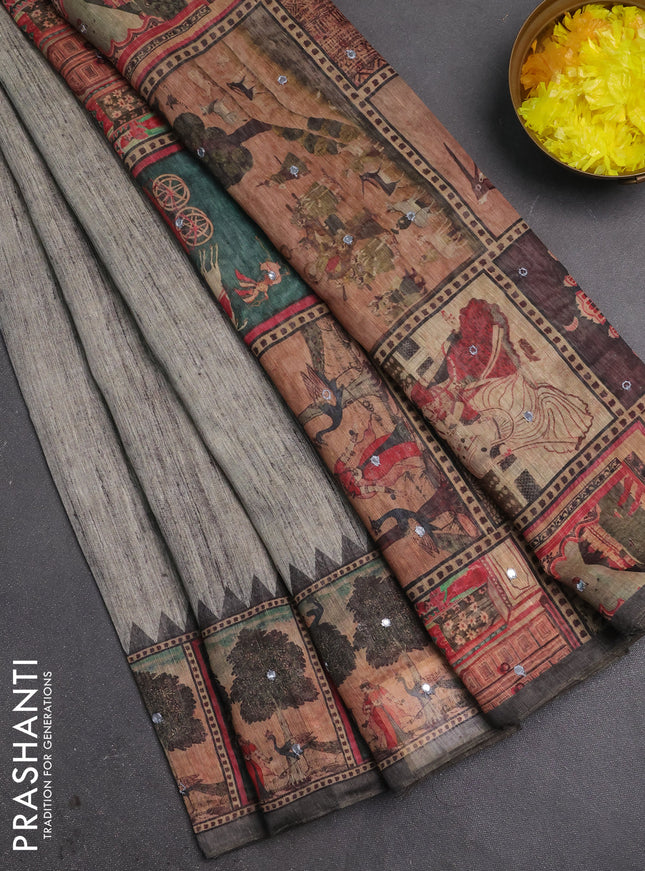 Linen cotton saree green shade and olive green with plain body and printed mirror work border