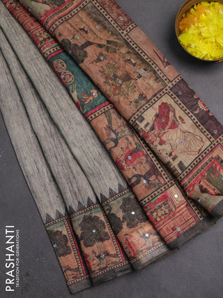 Linen cotton saree green shade and olive green with plain body and printed mirror work border