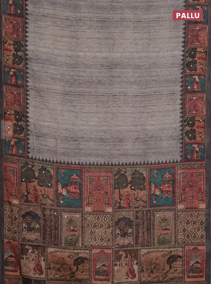 Linen cotton saree green shade and olive green with plain body and printed mirror work border