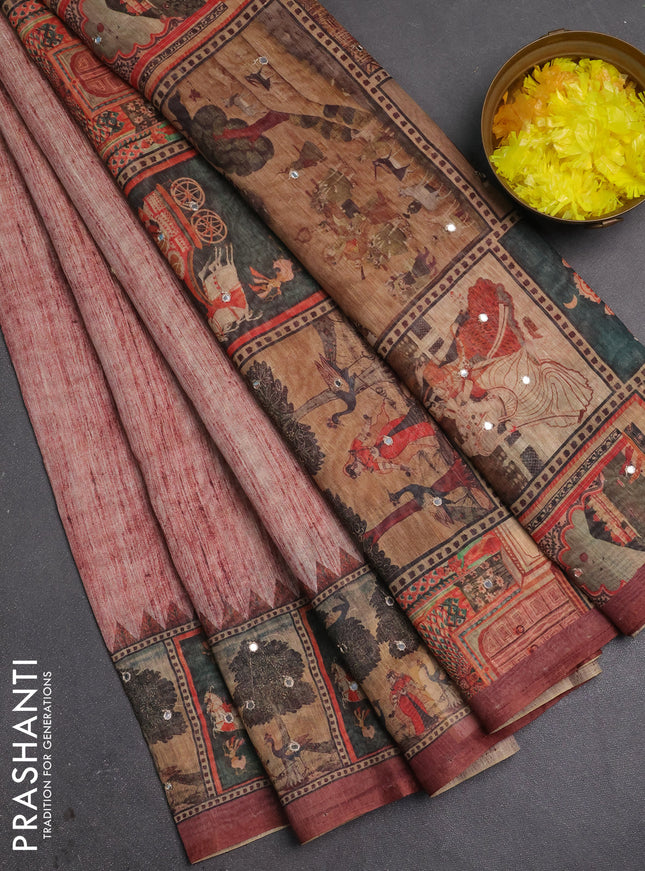 Linen cotton saree pastel maroon and maroon with plain body and printed mirror work border