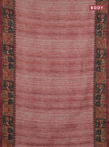 Linen cotton saree pastel maroon and maroon with plain body and printed mirror work border