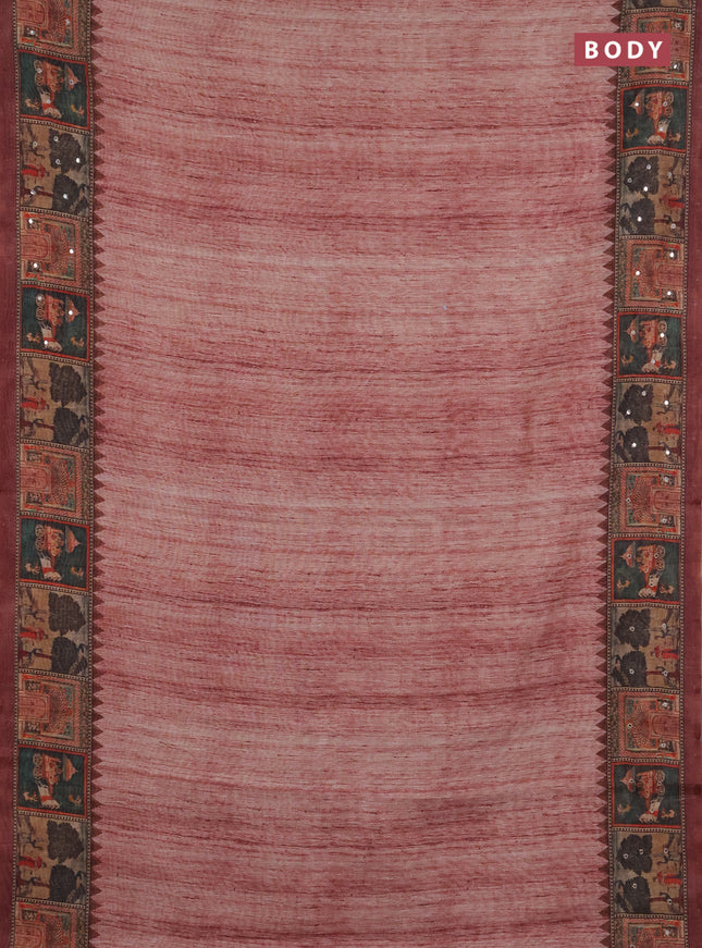 Linen cotton saree pastel maroon and maroon with plain body and printed mirror work border