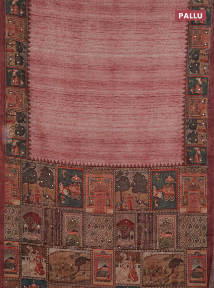 Linen cotton saree pastel maroon and maroon with plain body and printed mirror work border
