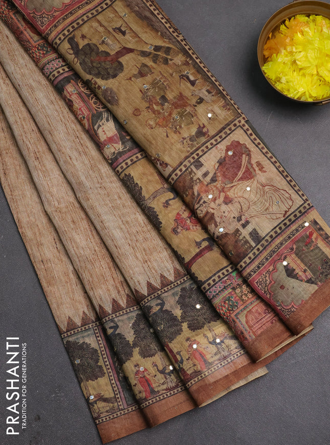 Linen cotton saree pastel brown and brown with plain body and printed mirror work border