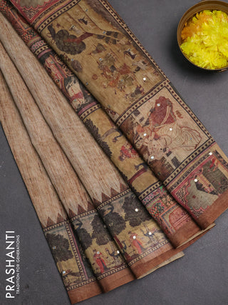 Linen cotton saree pastel brown and brown with plain body and printed mirror work border