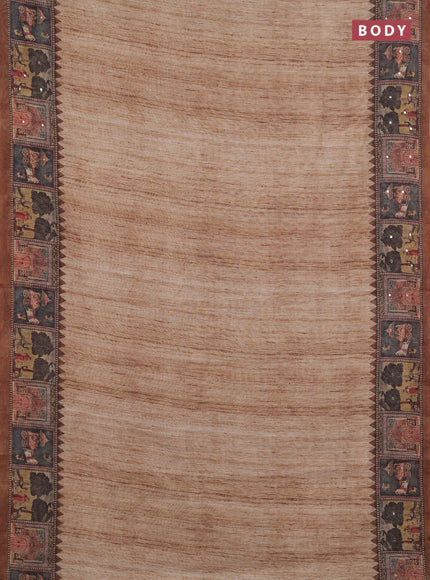 Linen cotton saree pastel brown and brown with plain body and printed mirror work border