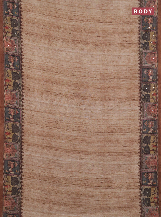 Linen cotton saree pastel brown and brown with plain body and printed mirror work border
