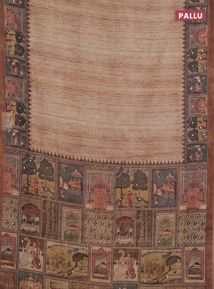 Linen cotton saree pastel brown and brown with plain body and printed mirror work border