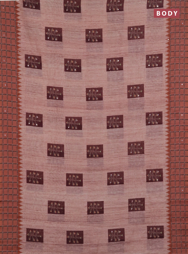 Linen cotton saree wine shade and maroon with allover prints & mirror work and mirror work border