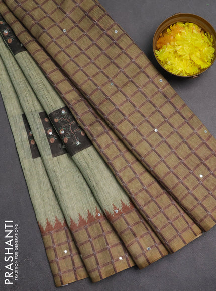 Linen cotton saree light green and olive green with allover prints & mirror work and mirror work border