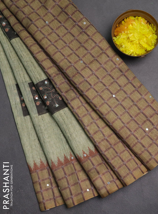 Linen cotton saree light green and olive green with allover prints & mirror work and mirror work border
