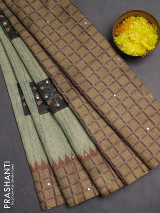 Linen cotton saree light green and olive green with allover prints & mirror work and mirror work border