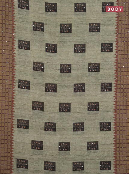 Linen cotton saree light green and olive green with allover prints & mirror work and mirror work border