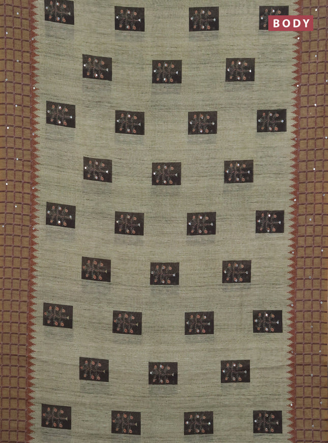 Linen cotton saree light green and olive green with allover prints & mirror work and mirror work border