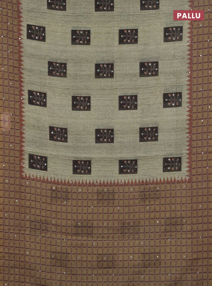 Linen cotton saree light green and olive green with allover prints & mirror work and mirror work border