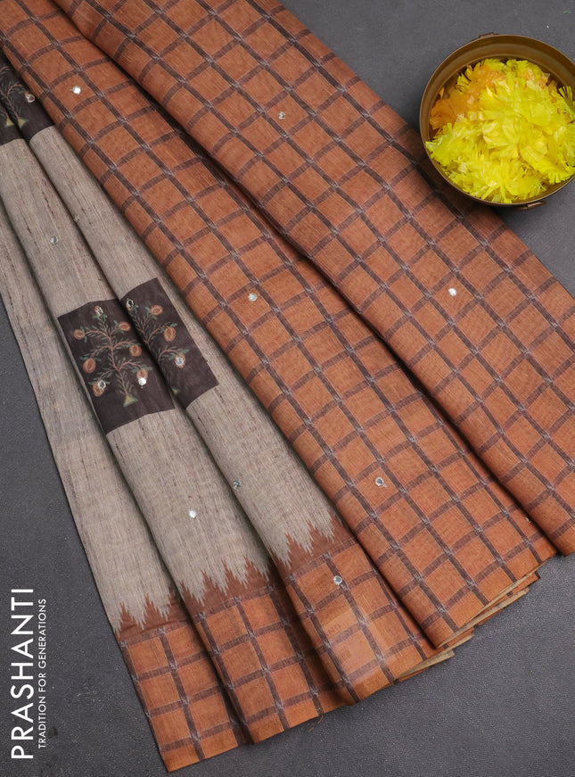 Linen cotton saree dark grey and rust shade with allover prints & mirror work and mirror work border