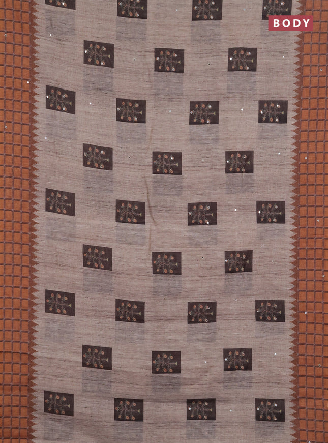 Linen cotton saree dark grey and rust shade with allover prints & mirror work and mirror work border