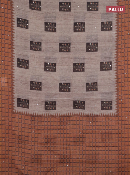 Linen cotton saree dark grey and rust shade with allover prints & mirror work and mirror work border