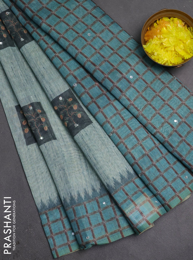 Linen cotton saree teal blue with allover prints & mirror work and mirror work border