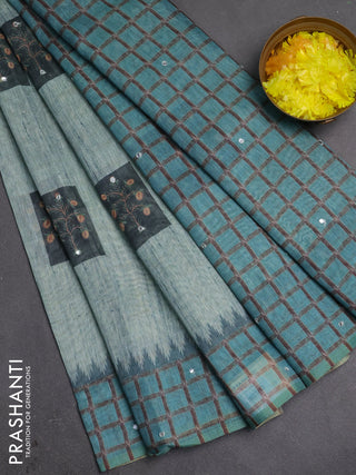 Linen cotton saree teal blue with allover prints & mirror work and mirror work border