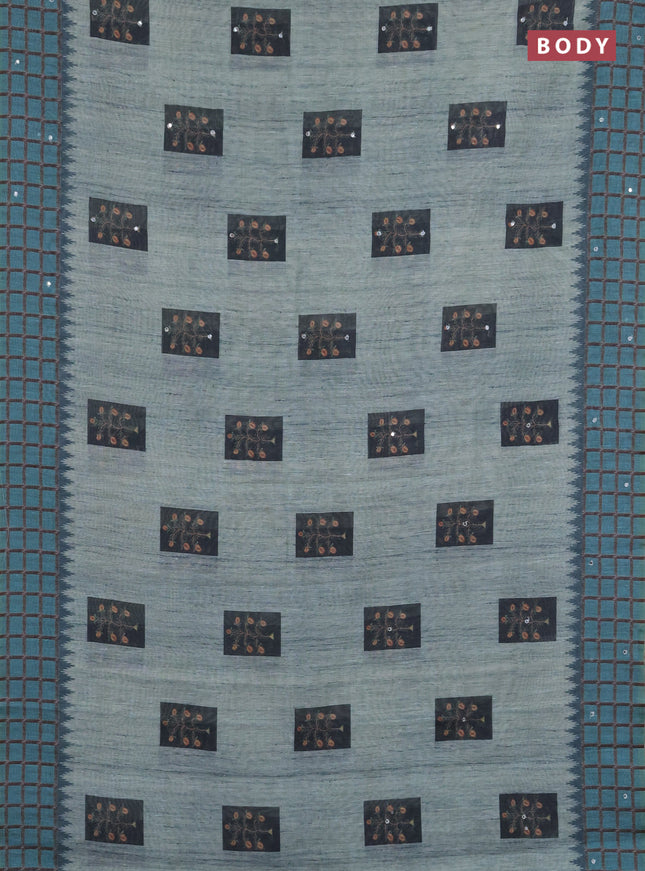 Linen cotton saree teal blue with allover prints & mirror work and mirror work border